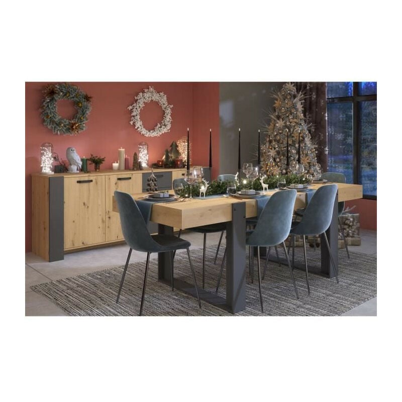 Ensemble enfilade + table LOFT - Mélaminé décor chene artisan et gris - Table rectangulaire 8 personnes-Enfilade 3 portes - P