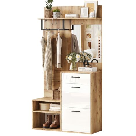Ensemble entrée 100 x 38,5 x 190cm blanc/bois avec armoire, miroir, banc et meuble à chaussures, étagère murale - Grand rangement