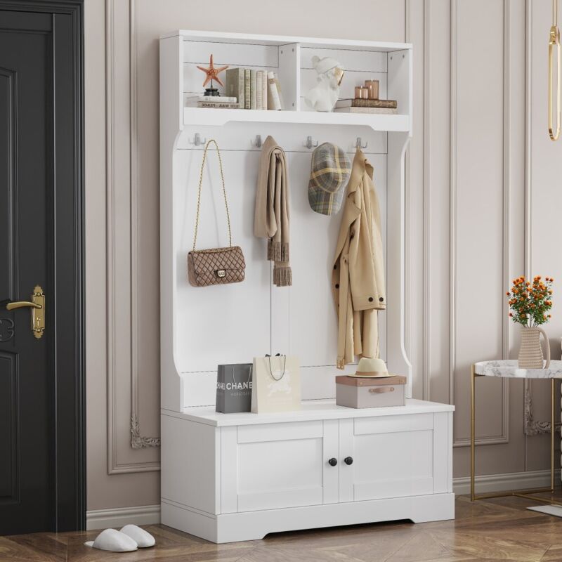 Ensemble entrée avec miroir et banc - Rangement vestiaire et chaussures - 2 panneaux blanc et niches