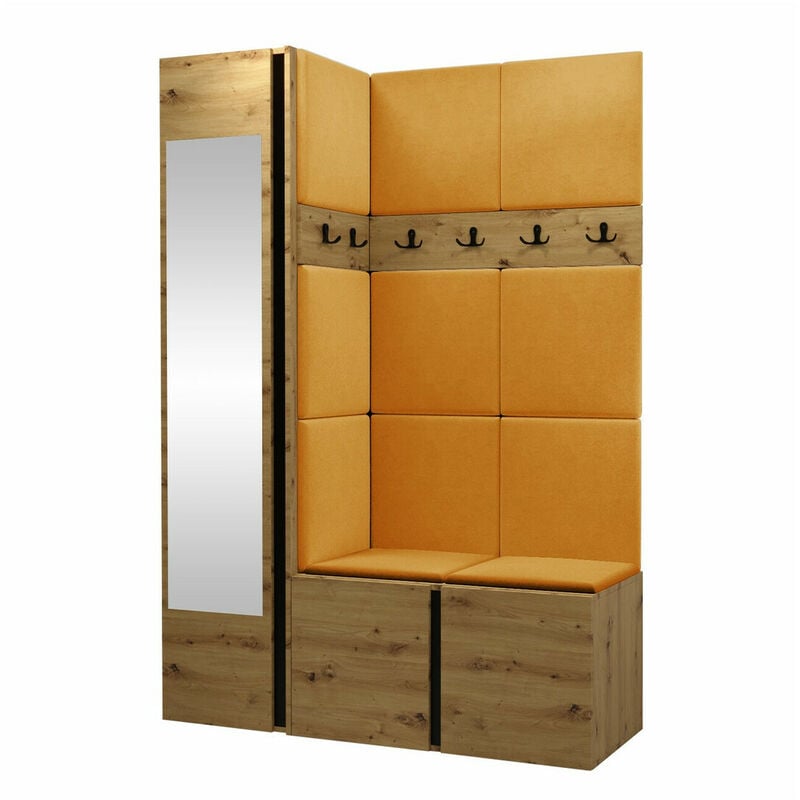 Mobilier1 - Meuble d'entrée Hartford 277, Manila 32, 186x124x46cm, Miroir, Tapisserie, Stratifié, à poser, à suspendre