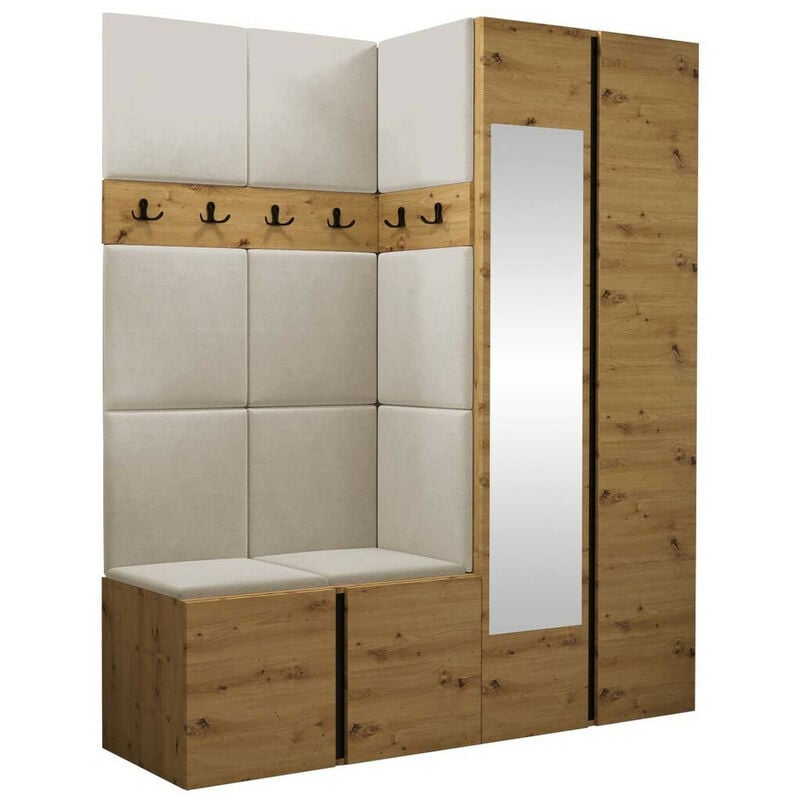 Mobilier1 - Meuble d'entrée Hartford 278, Manila 02, 186x158x46cm, Miroir, Tapisserie, Stratifié, à poser, à suspendre