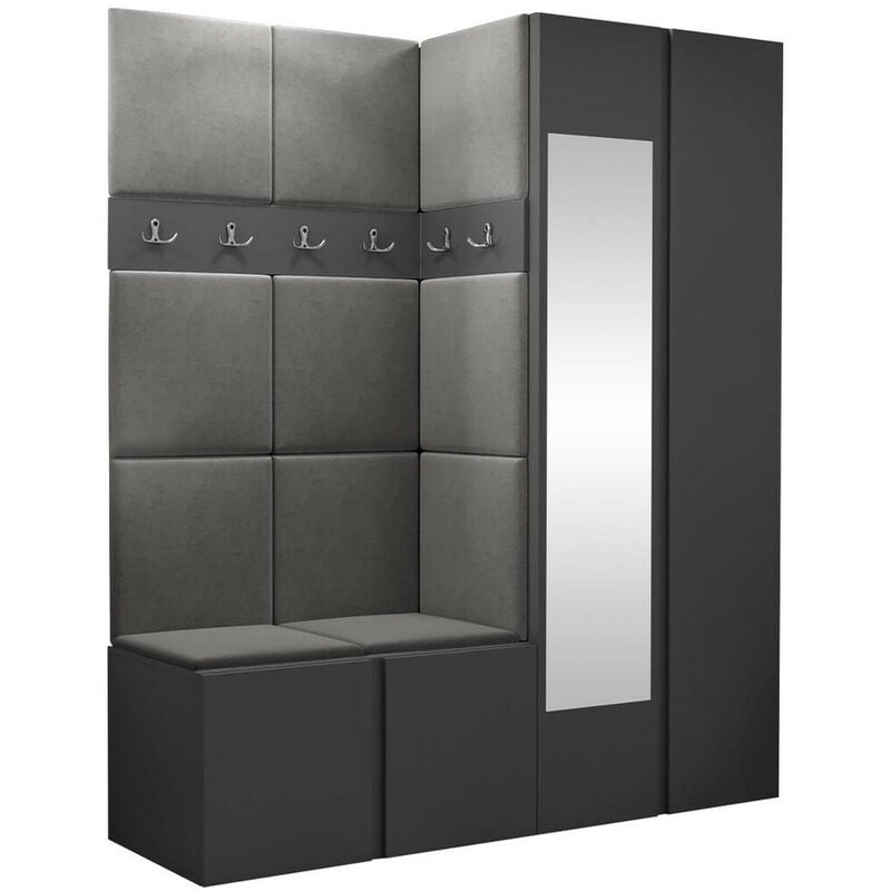 Mobilier1 - Meuble d'entrée Hartford 278, Manila 16, 186x158x46cm, Miroir, Tapisserie, Stratifié, à poser, à suspendre