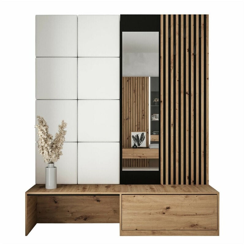 Mobilier1 - Meuble d'entrée Hartford 322, Chêne Artisan + Soft 017, 205x172x42cm, Miroir, Faux cuir, Stratifié, à poser