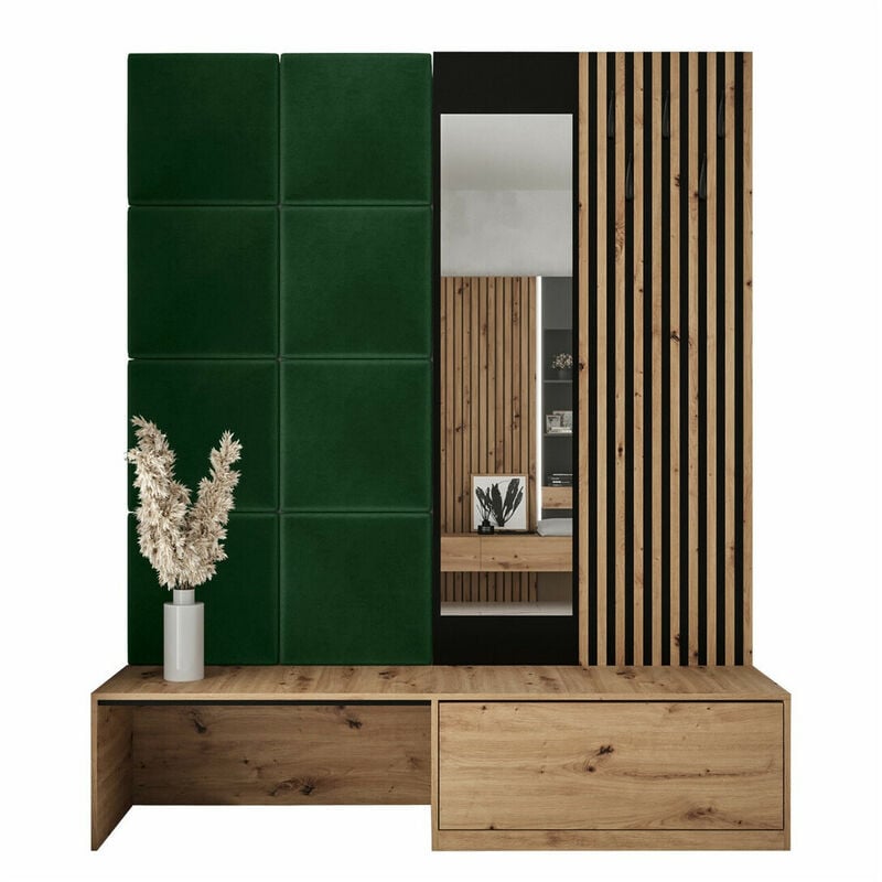 Mobilier1 - Meuble d'entrée Hartford 322, Chêne Artisan + Manila 35, 205x172x42cm, Miroir, Tapisserie, Stratifié, à poser