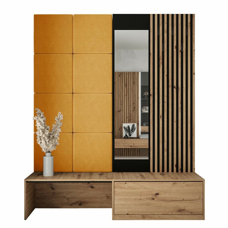 Meuble d'entrée Hartford 322, Chêne Artisan + Manila 32, 205x172x42cm, Miroir, Tapisserie, Stratifié, À poser