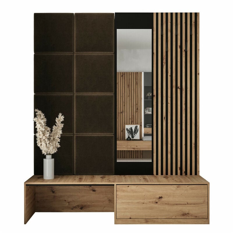 Mobilier1 - Meuble d'entrée Hartford 322, Chêne Artisan + Manila 04, 205x172x42cm, Miroir, Tapisserie, Stratifié, à poser