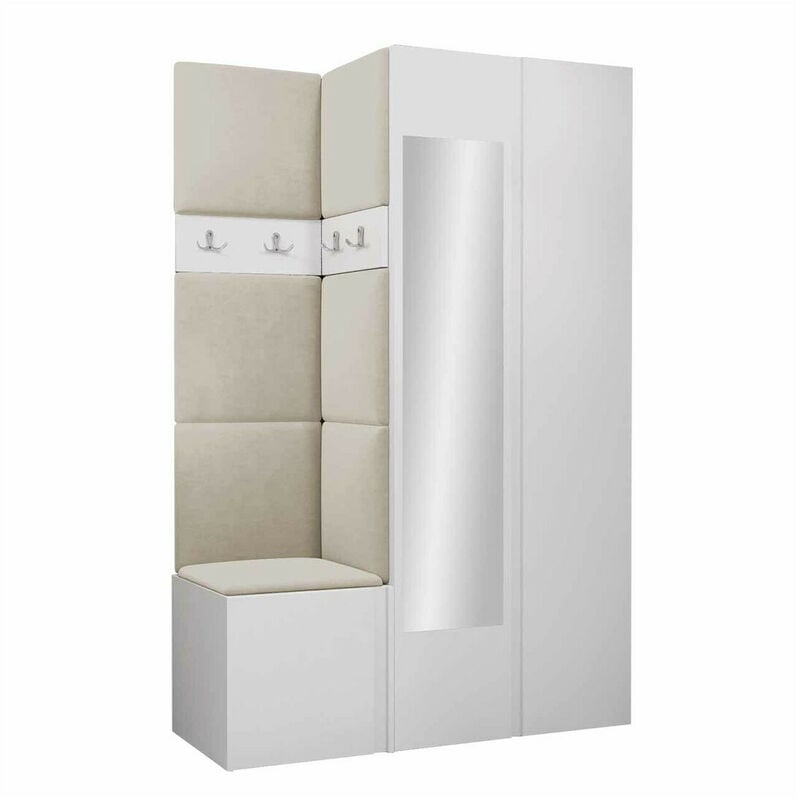 Mobilier1 - Meuble d'entrée Hartford 350, Blanc, 186x116x44cm, Miroir, Tapisserie, Stratifié, à suspendre, à poser