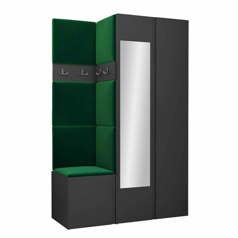Mobilier1 - Meuble d'entrée Hartford 350, Graphite, 186x116x44cm, Miroir, Tapisserie, Stratifié, à suspendre, à poser