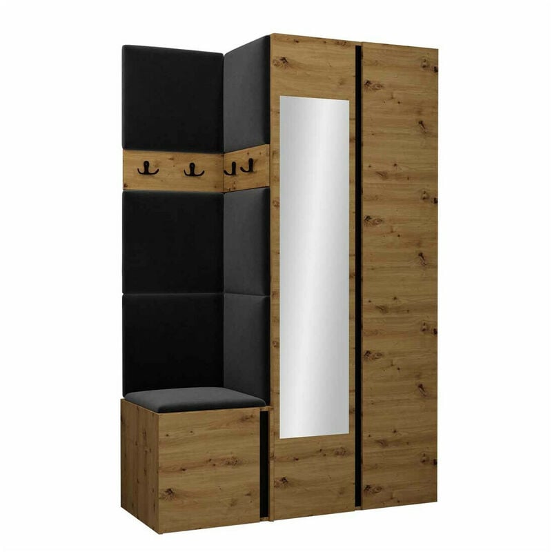 Mobilier1 - Meuble d'entrée Hartford 350, Chêne Artisan + Noir, 186x116x44cm, Miroir, Tapisserie, Stratifié, à suspendre, à poser