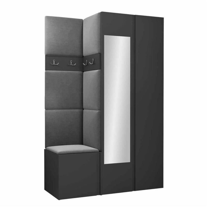 Mobilier1 - Meuble d'entrée Hartford 350, Graphite, 186x116x44cm, Miroir, Tapisserie, Stratifié, à suspendre, à poser