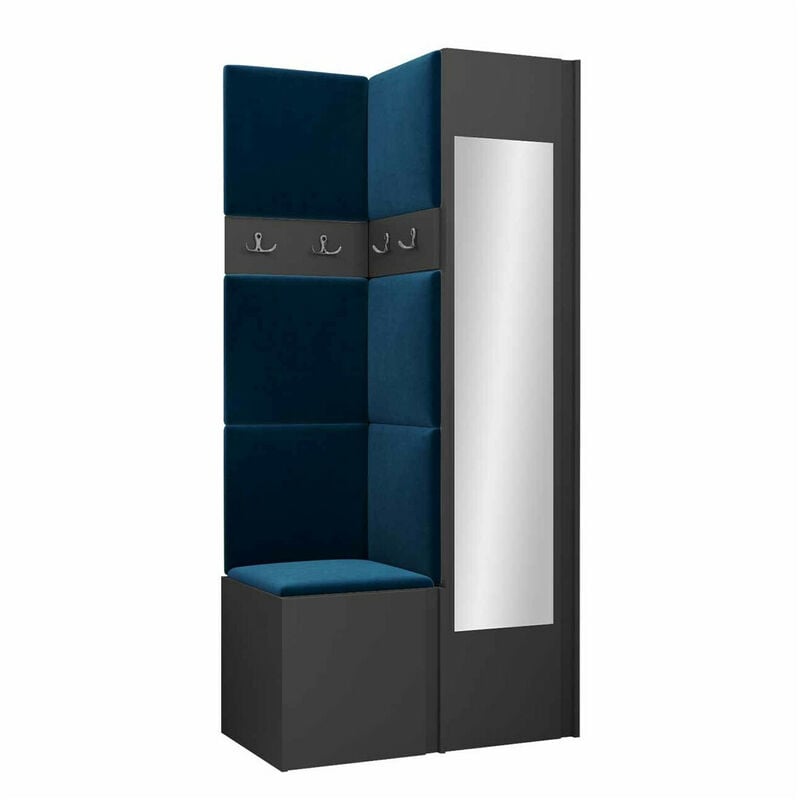 Mobilier1 - Meuble d'entrée Hartford 354, Graphite, 186x82x44cm, Miroir, Tapisserie, Stratifié, à poser, à suspendre