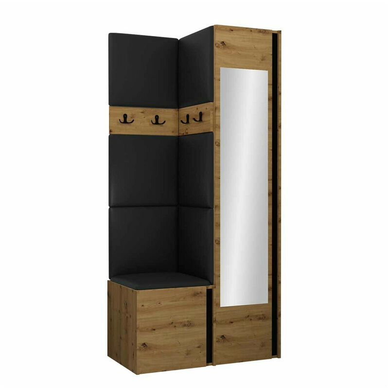 Mobilier1 - Meuble d'entrée Hartford 354, Chêne Artisan + Noir, 186x82x44cm, Miroir, Faux cuir, Stratifié, à poser, à suspendre