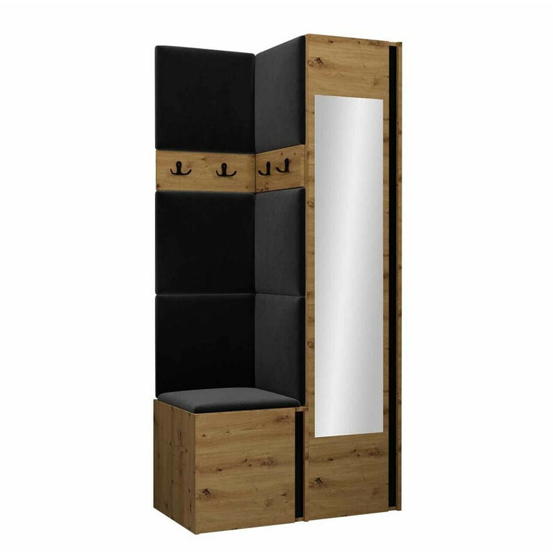 Mobilier1 - Meuble d'entrée Hartford 354, Chêne Artisan + Noir, 186x82x44cm, Miroir, Tapisserie, Stratifié, à poser, à suspendre
