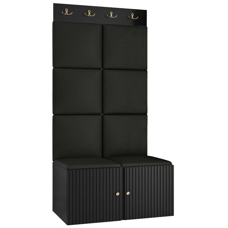 Mobilier1 - Meuble d'entrée Hartford 383, Noir, 186x84x46cm, Stratifié, Faux cuir, mdf, à suspendre, à poser