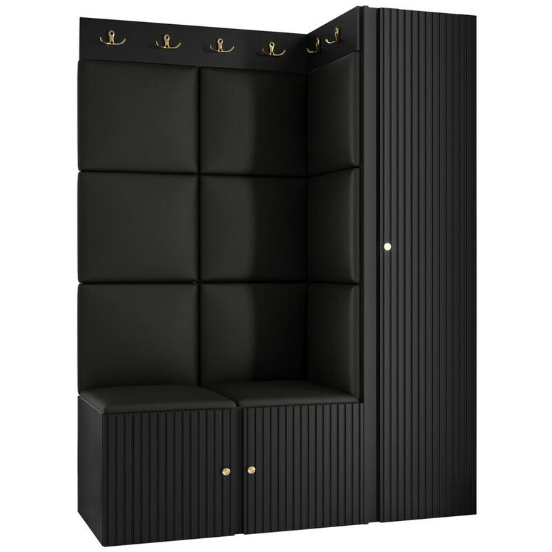 Meuble d'entrée Hartford 385, Noir, 186x124x46cm, MDF, Stratifié, Faux cuir, Murale, À poser
