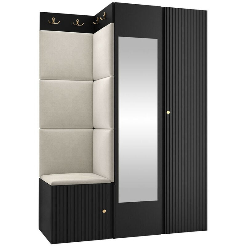 Mobilier1 - Meuble d'entrée Hartford 388, Noir, 186x116x46cm, Miroir, Stratifié, Tapisserie, mdf, à suspendre, à poser