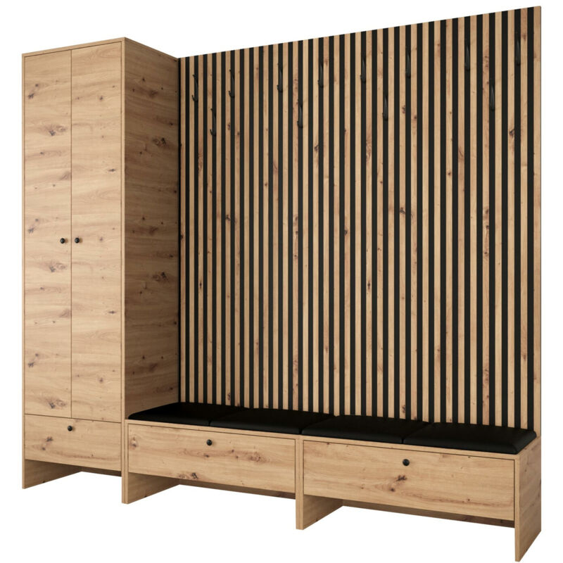 Mobilier1 - Meuble d'entrée Hartford 484, Chêne Artisan + Soft 011, 206x230x44cm, Faux cuir, Stratifié, à poser