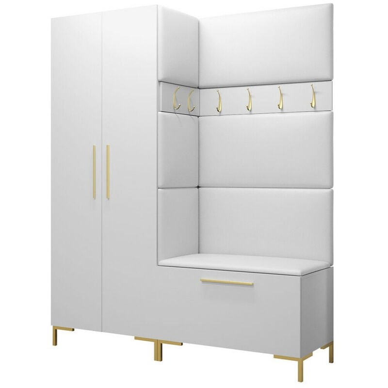 Mobilier1 - Meuble d'entrée Tivsoa 100, Blanc, 196x158x44cm, Faux cuir, Stratifié, à poser, à suspendre