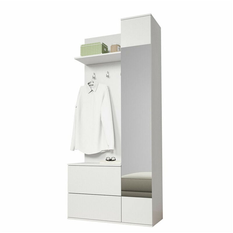 Mobilier1 - Meuble d'entrée Lima 106, Blanc, 195x90x34cm, Miroir, Stratifié, à poser