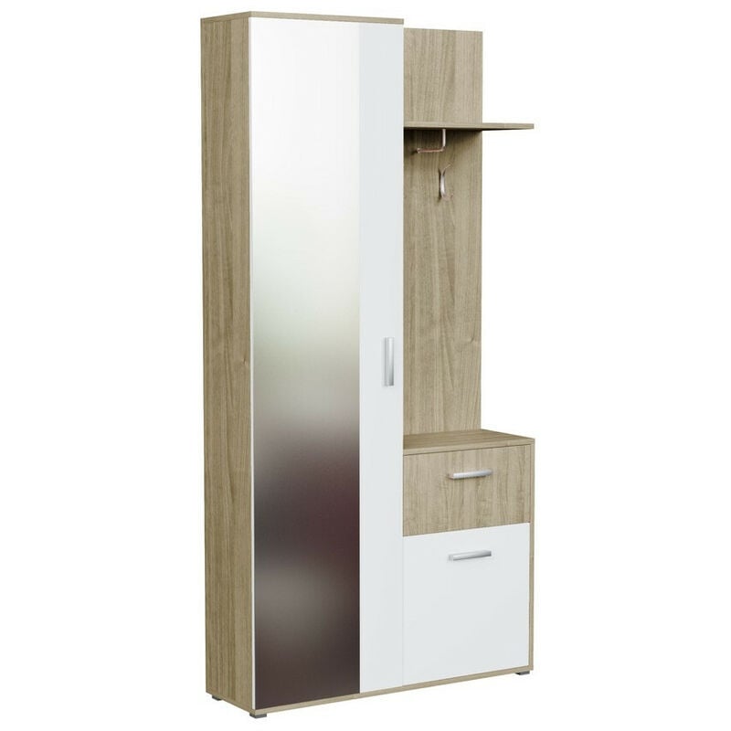 Mobilier1 - Meuble d'entrée Stanton 103, Sonoma chêne + Blanc, 195x97x30cm, Miroir, Stratifié, à poser