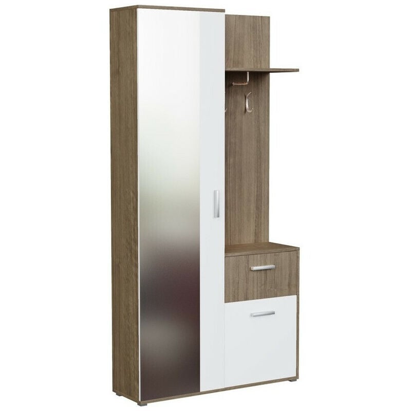 Mobilier1 - Meuble d'entrée Stanton 103, Truffe + Blanc, 195x97x30cm, Miroir, Stratifié, à poser