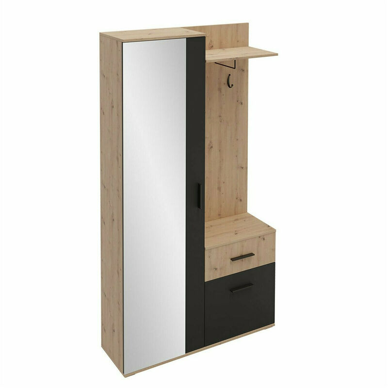 Mobilier1 - Meuble d'entrée Stanton 103, Chêne Artisan + Noir, 195x97x30cm, Miroir, Stratifié, à poser