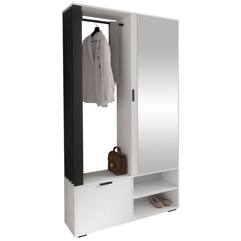 Mobilier1 - Meuble d'entrée Stanton 145, Blanc + Noir, 190x100x33cm, Miroir, Stratifié, à poser