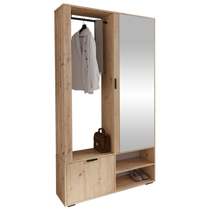 Mobilier1 - Meuble d'entrée Stanton 145, Chêne Artisan, 190x100x33cm, Miroir, Stratifié, à poser