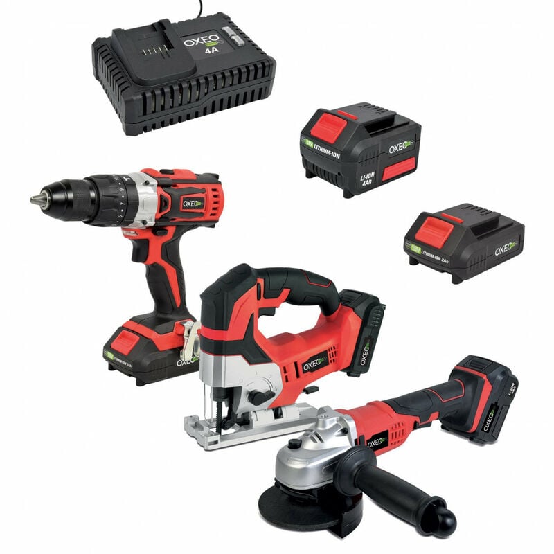 Ensemble essentiel Bricolage Easy Full 18V : Perceuse / Meuleuse / Scie sauteuse avec chargeur et batteries 4Ah/2Ah
