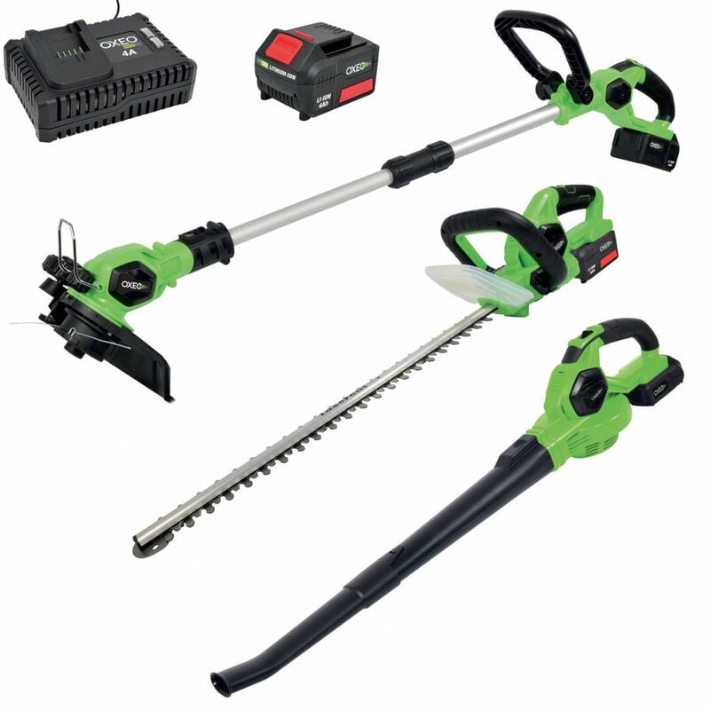 Oxeo - Packs d'outils de jardin 18V : Taille Haie / Coupe bordure / Souffleur avec chargeur et batterie 4Ah