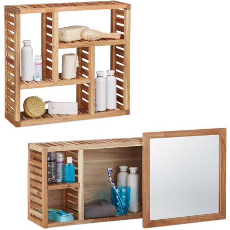 Ensemble étagères salle de bain 2 pièces noyer, étagère murale 5 compartiments, armoire avec miroir, bois huilé naturel
