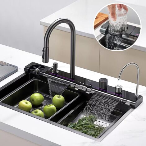 Ensemble évier de cuisine, robinet eau chaude et froide, comprenant becs cascade et pluie, acier inoxydable, 4 boutons, 75 x 45 cm