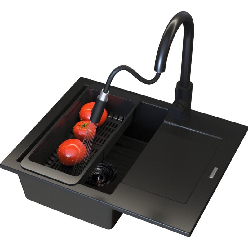 Granitan - vier Cuisine de Granit Noir bello avec Mitigeur Loseto Siphone Ensemble