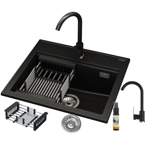 Ensemble Évier Granit Noir Granitan FOXAL avec Égouttoir, Siphon Manuel, Robinet et Produit d'Entretien GraniProtect