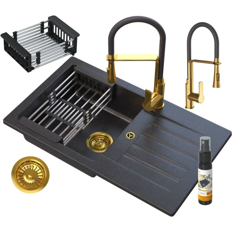 Granitan - ensemble évier granit robinet siphon or égouttoir