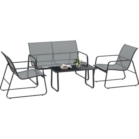 Ensemble extérieur 4 pièces avec table basse, banc 2 places et 2 chaises, en métal et texteline gris clair