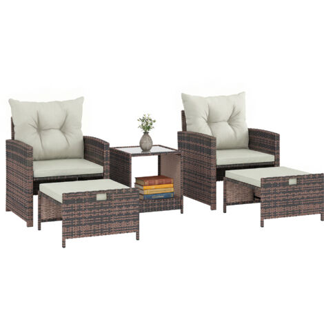 Ensemble extérieur 5 pièces rotin/acier : 2 poufs, 2 chaises, table basse 2 niveaux, brun/crème