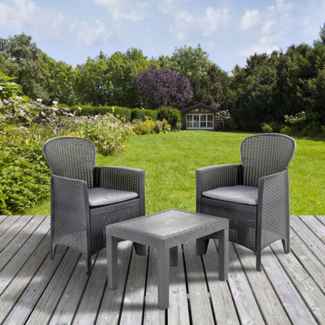 Dmora – Salon de jardin effet rotin anthracite – Ensemble 2 fauteuils avec table basse – 100% résistant aux intempéries – Coussins inclus
