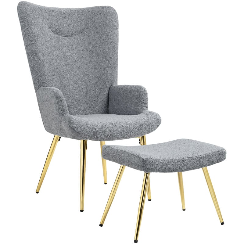 Homcom - Ensemble fauteuil à oreilles repose-pieds style néo-rétro piètement acier doré effet laine bouclée grise