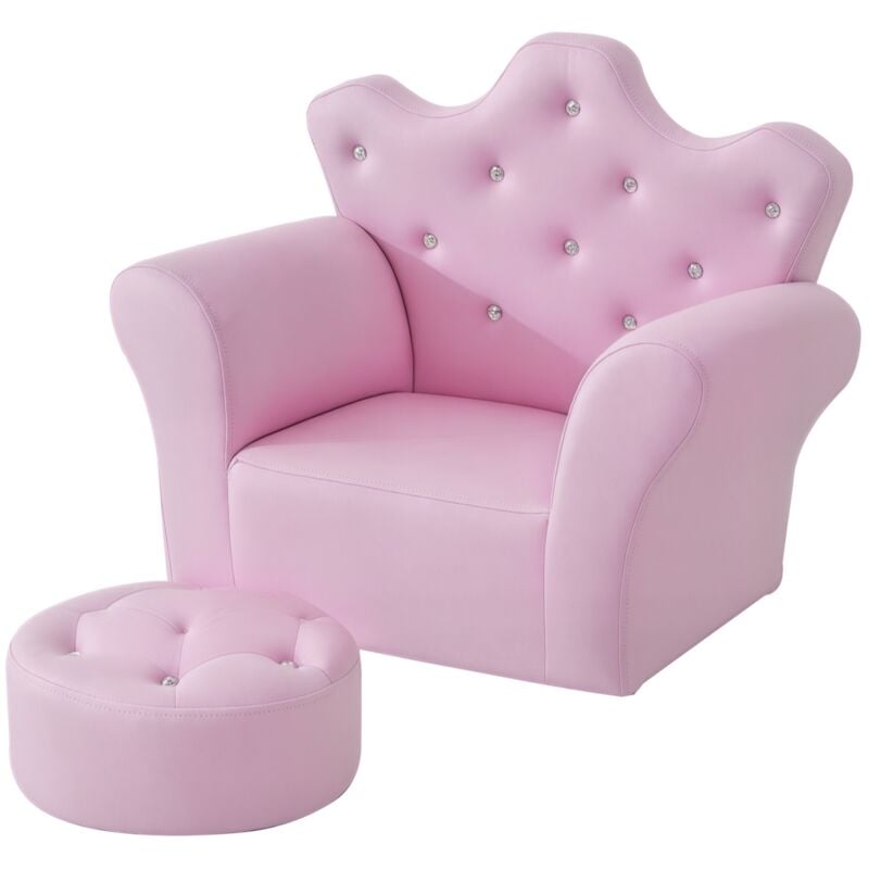 Ensemble fauteuil et pouf enfant design couronne de princesse - dossier et assise pouf avec boutons strass aspect cristaux - structure bois
