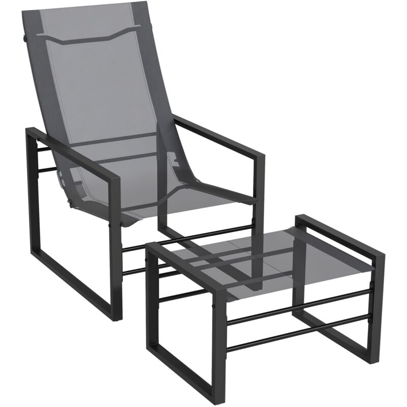 Ensemble fauteuil relax de jardin avec repose-pied métal noir tissu mesh gris