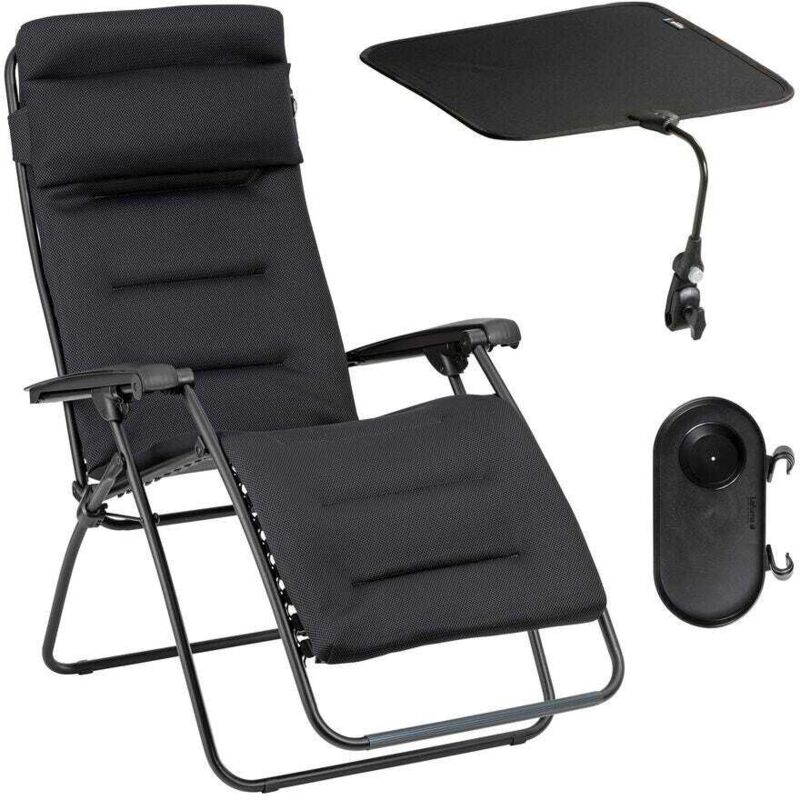 Ensemble Fauteuil Relax Transat Jardin - Chaise Longue Matelassé Avec Ombrelle Et Porte-gobelet - Rsx Clip - Aircomfort® - Noir Acier - Lafuma