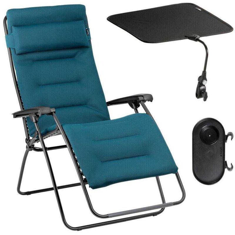 Ensemble Fauteuil Relax Transat Jardin - Chaise Longue Matelassé Xl Avec Ombrelle Et Porte-gobelet - Rsx Clip Xl - Aircomfort® - Bleu Coral Blue