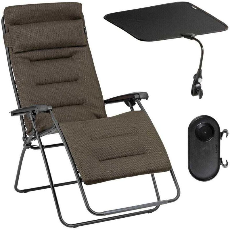 Ensemble Fauteuil Relax Transat Jardin - Chaise Longue Matelassé Xl Avec Ombrelle Et Porte-gobelet - Rsx Clip Xl - Aircomfort® - Marron Taupe