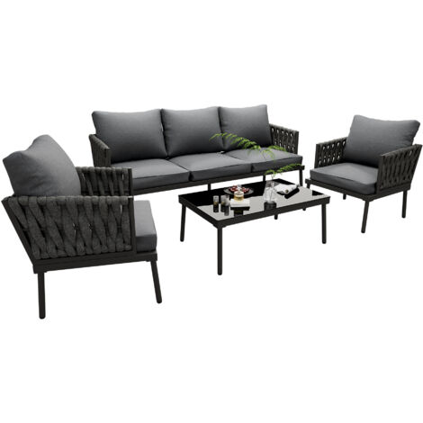 Ensemble fauteuils de jardin, mobilier de jardin avec coussins confortables, canapé 3 places, 2 fauteuils et table basse, extérieur, plateau en verre, accoudoirs en corde tressée, acier galvanisé, gri
