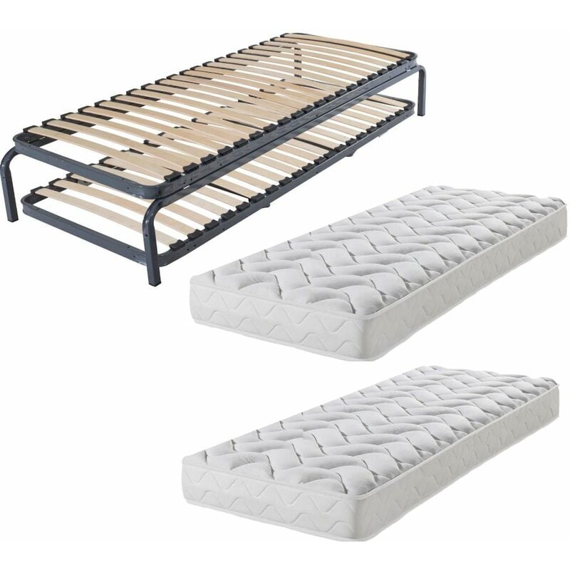 Lit gigogne métal + matelas 90x190 - 20 lattes bois - Gain de place - Made in France