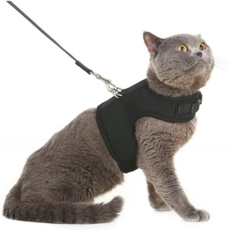 Ensemble gilet, harnais et laisse en maille souple pour chat, harnais épais pour chiots, petits chiens et lapins, noir, taille M