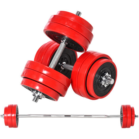 Ensemble haltères 2 en 1 poids 30 kg plaques plastique résistantes rayures rouges noires