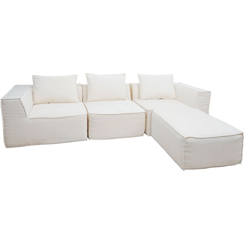 HHG - Canapé en l 399, canapé lounge avec ottomane, modulable à droite/gauche, tissu/textile 63x270x190cm, crème
