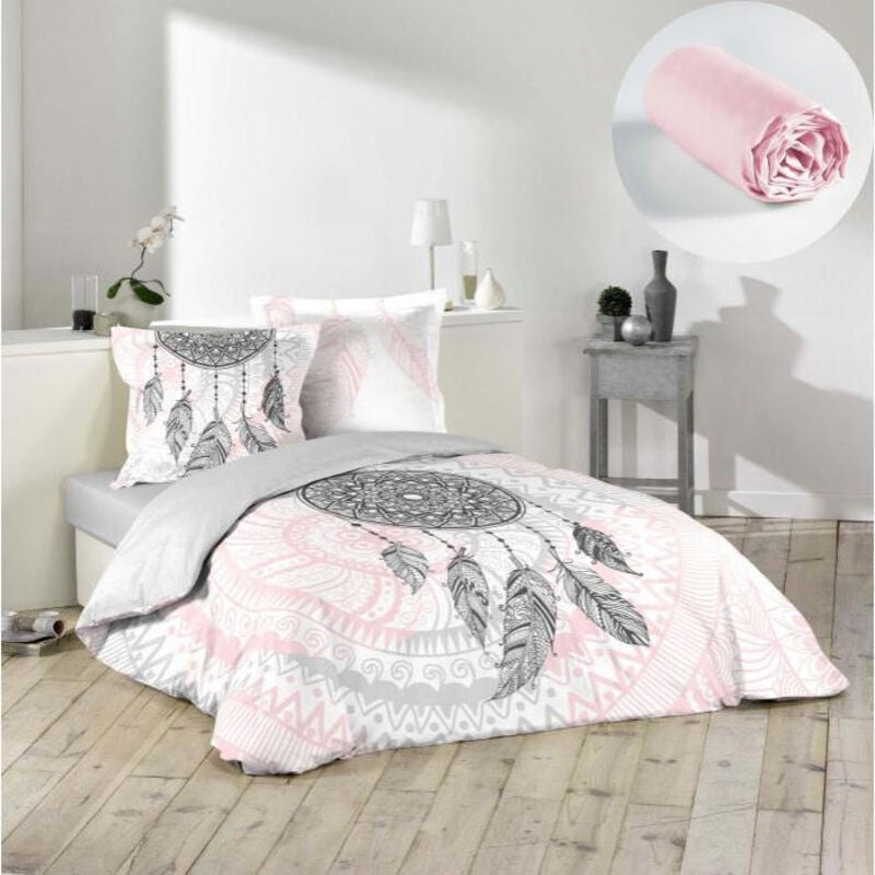 Ensemble housse de couette 220x240 cm Namaste + drap housse 140x190 Rose